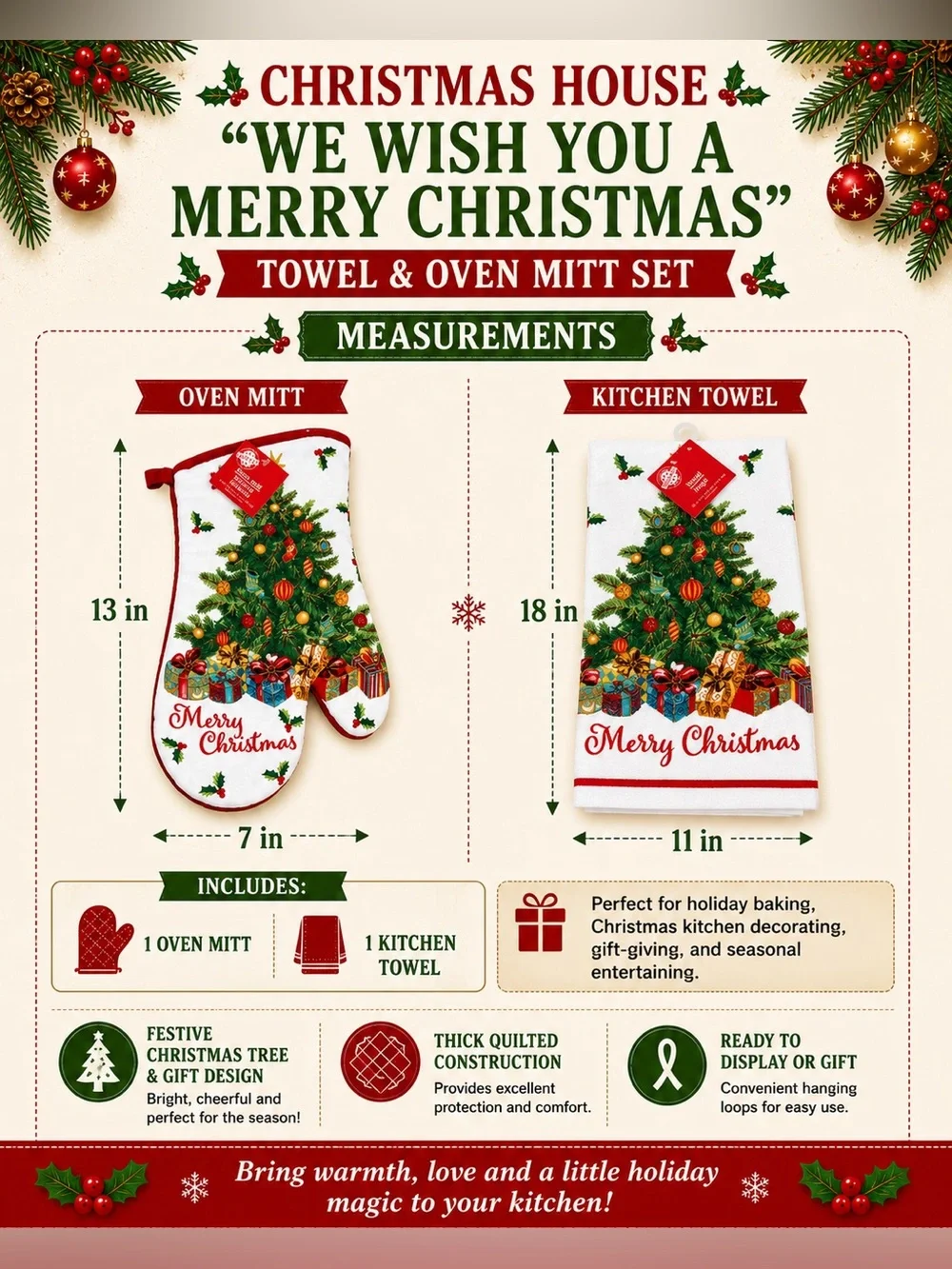 Christmas House “We Wish You A Merry Christmas” Towel and Oven Mitt